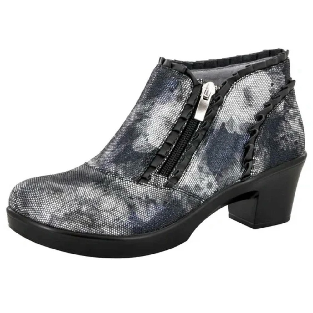 ALEGRIA Hannah Leather Ruffle Trim Ankle Boots Black Gray Textured Floral Sz 39